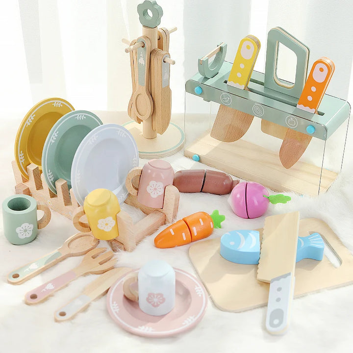 Children's simulated home cooking utensils, bowls, chopsticks, knives, forks, wooden simulation boys and girls' toy plates