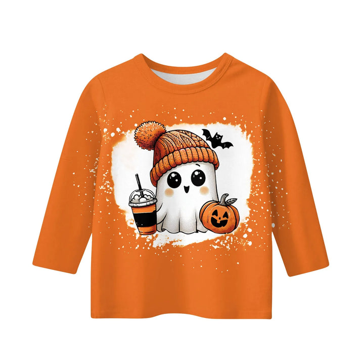 New Halloween Theme Cute Girl Printed T-shirt High Quality Three-quarter Sleeve Round Neck Tops Children Festival Birthday Gift