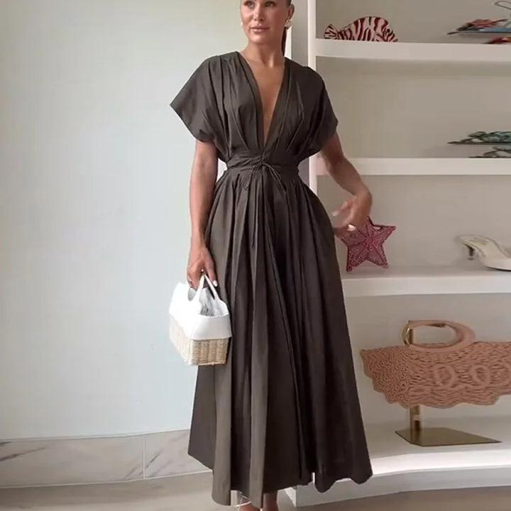 Elegant Pleated Lace Up Long Dress Deep V-neck Flying Sleeve A-line Party Dresses Summer Lady Office All-match Chic Robes