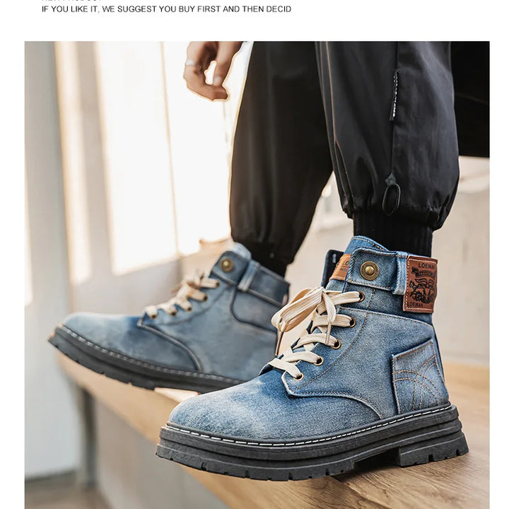 Men's Shoes 2025 Style Height Increase Breathable Mid Top Shoe Fashion Denim Casual Versatile Workwear Shoes Casual Boots Shoes