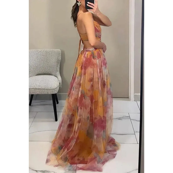 Out Party Dress, Loungewear Fashion Printing Maxi Dress, Sleeveless Lace-Up