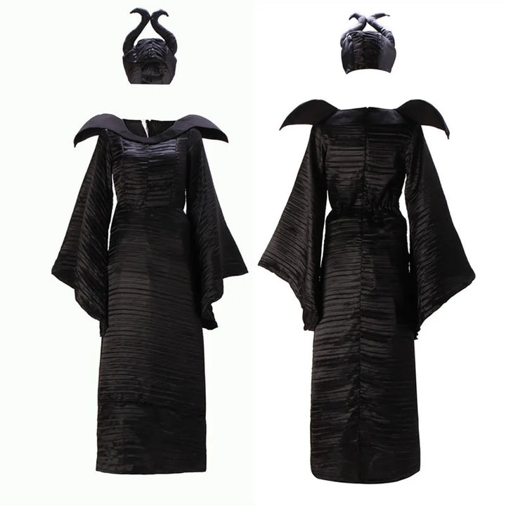 Halloween Movie Character Deluxe Black Horned Hat Imitation Texture Dress Evil Queen Witch Dress Cosplay Party Carnival Costume