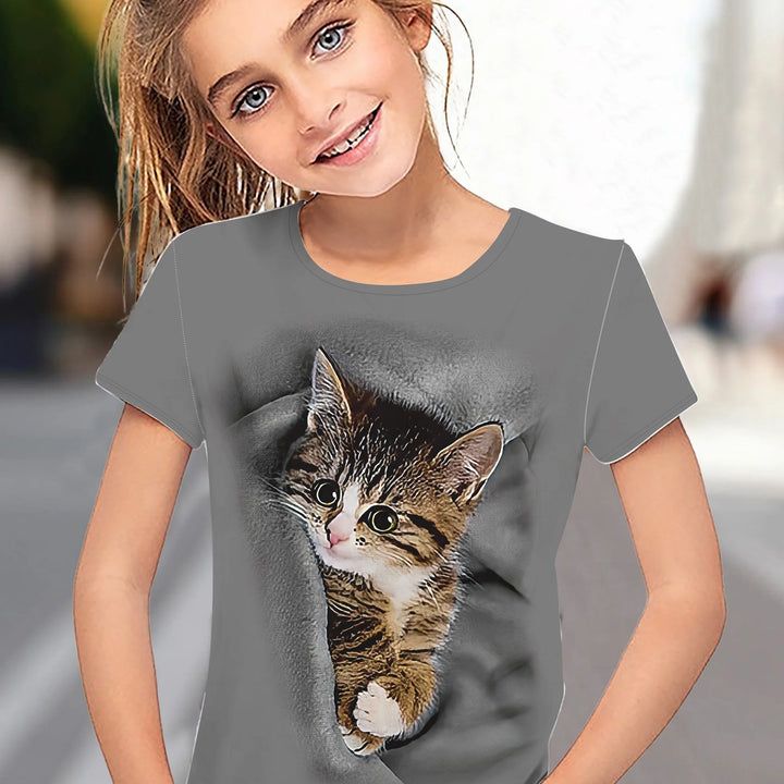 T-Shirt for Girls Cute Kitten Girls Clothes Kids T-Shirt Summer Short Sleeve Children Outdoor Sports Tops T-Shirt for Girls
