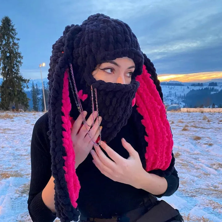 Halloween Funny Rabbit Ears Creative Knitted Hat Beanies Warm Full Face Cover Ski Mask Hat Windproof Balaclava Hat Outdoor Sport