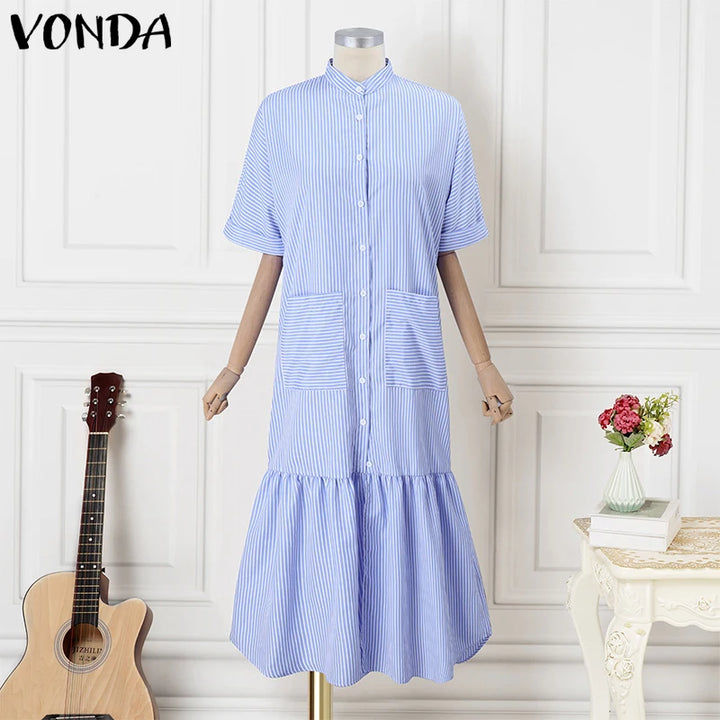 Elegant Striped Printing Short Sleeve Maxi Long Dress Casual Daily Bohemian.