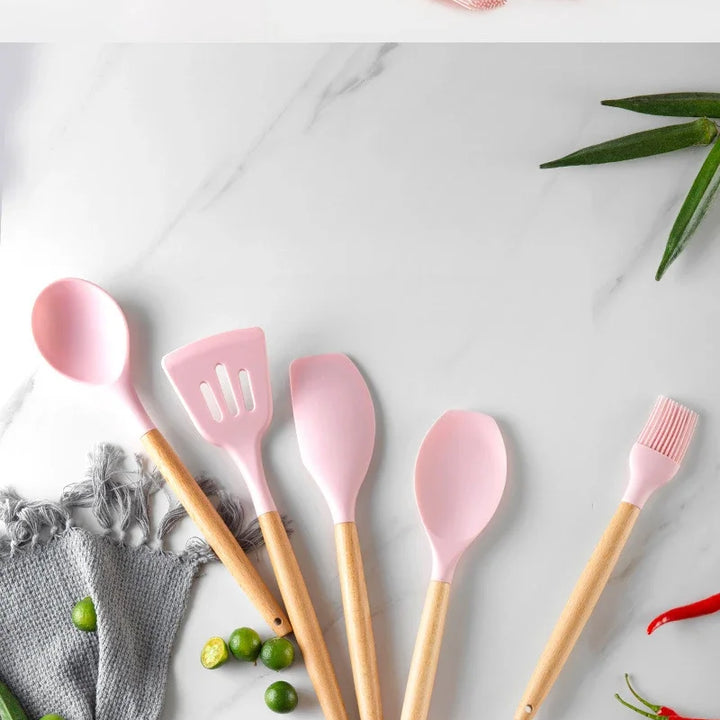 Pink Cooking Kitchenware Tool Silicone Utensils With Wooden Multifunction Handle Non-Stick Spatula Ladle Egg Beaters Shovel