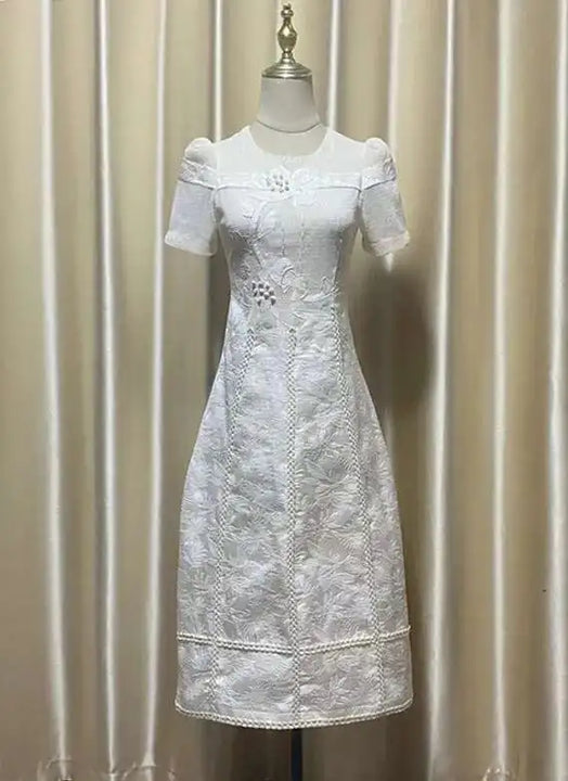 Elegant Long Dress Fairy Style Embroidered Flower Waist O Neck Short Sleeve Fashion Women Dress