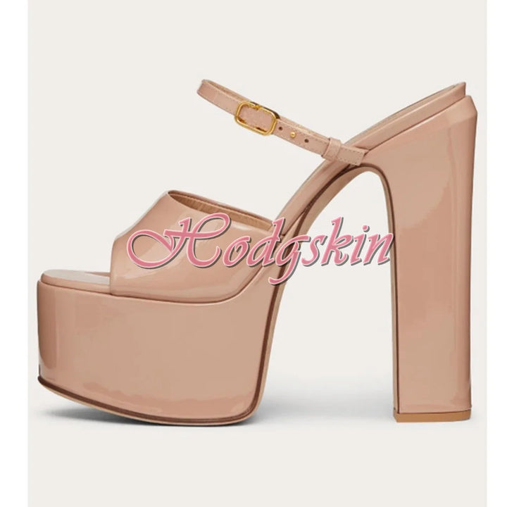 Thick Sole Shiny Leather Sandals Open Toe High Platform Chunky High Heels Solid Buckles Straps Sandals Women Dress Shoes Design