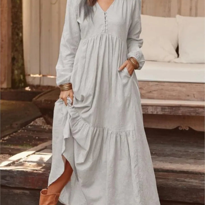 Cotton Linen Women Long Dress.New Look Fashion V-Neck Casual Solid Long Sleeve A-Line Sexy  Elegant Ruffles