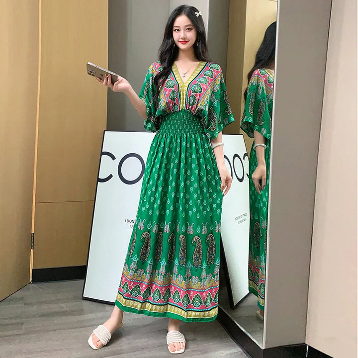 V-neck Large Skirt Hem Casual Sweet Long Dress Bat Sleeves Elastic Waist Bohemian Print Floral Elegant .