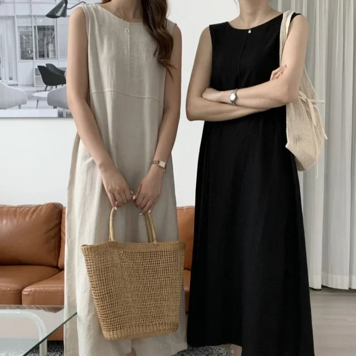 Cotton Linen Women Tank Dress Solid Sleeveless O-neck Casual Loose Straight Long .