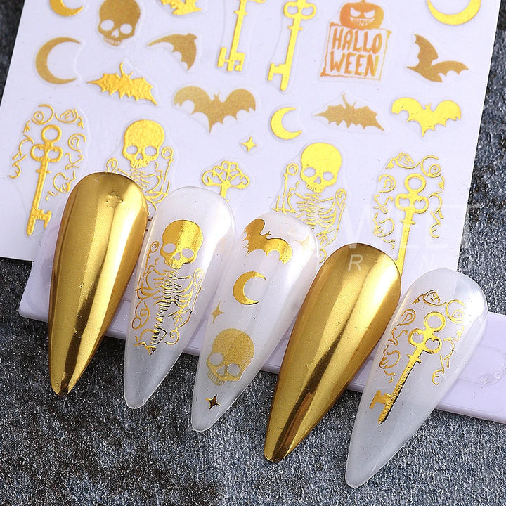 3pcs Halloween Nail Stickers Golden Skeleton Pumpkin Bat Key Nail Decal y2k Star Punk Gothic Nail Supplies Manicure Decoration