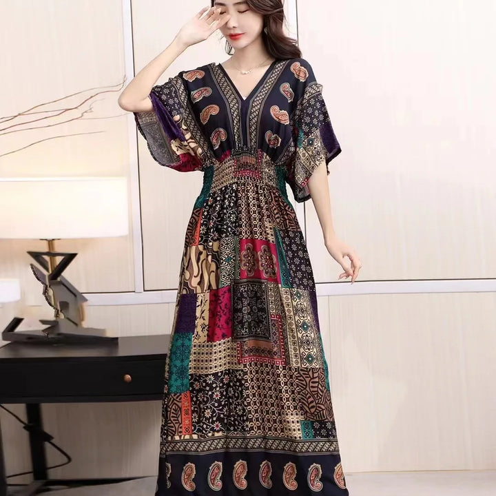 V-neck Large Skirt Hem Casual Sweet Long Dress Bat Sleeves Elastic Waist Bohemian Print Floral Elegant .