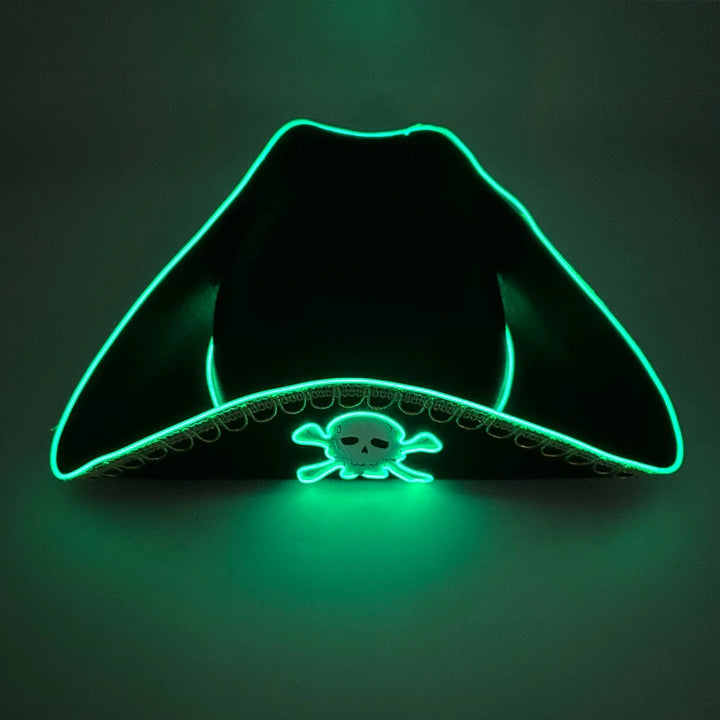 Halloween LED Light Black Pirate Hat For Adult Pirate Theme Party Glowing Cap Cosplay Costume Luminous Hat With Skull Pattern