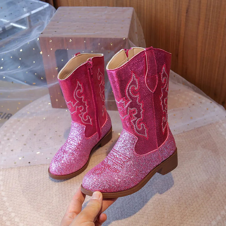Girls Boots Toddler Snow Gear Mid Calf Glitter Western Cowboy Boot 2025 Autumn Big Kid Riding Girls Botas Size 27-36 Kids Shoes