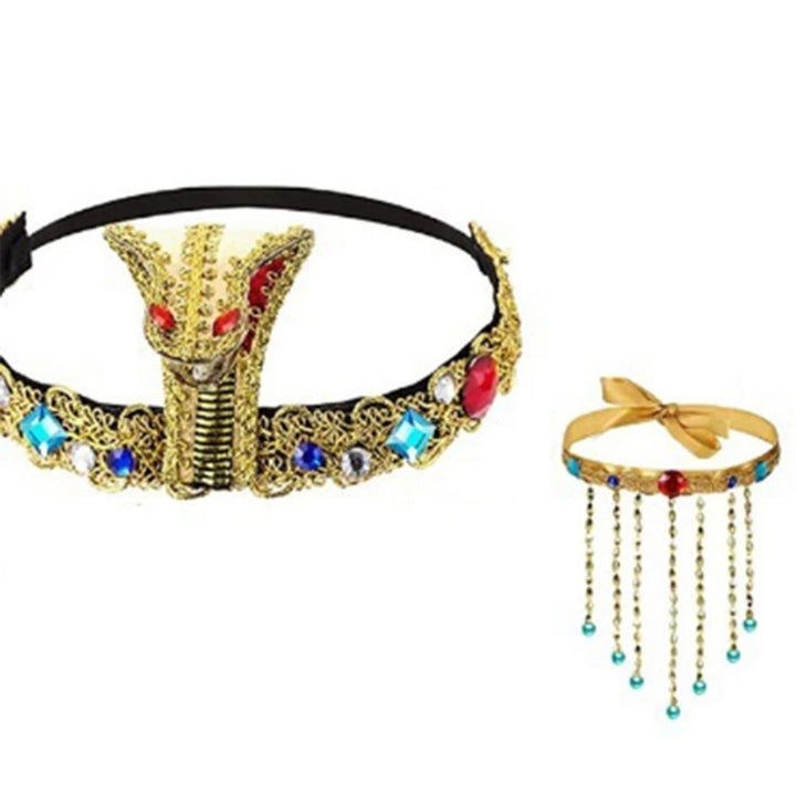 Halloween Egyptian Costume Accessories Egyptian Cobras Headpiece Beaded Tassels Necklace Decoration for Dressing Party