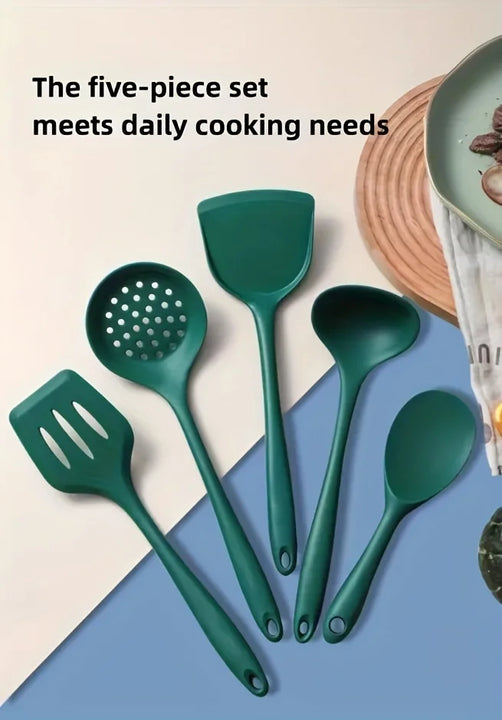 5pcs Silicone Kitchen Utensils Set,Non-Stick Cooking Tools, Including Turner, Spatula, Soup Spoon, Strainer, and Rice Paddle