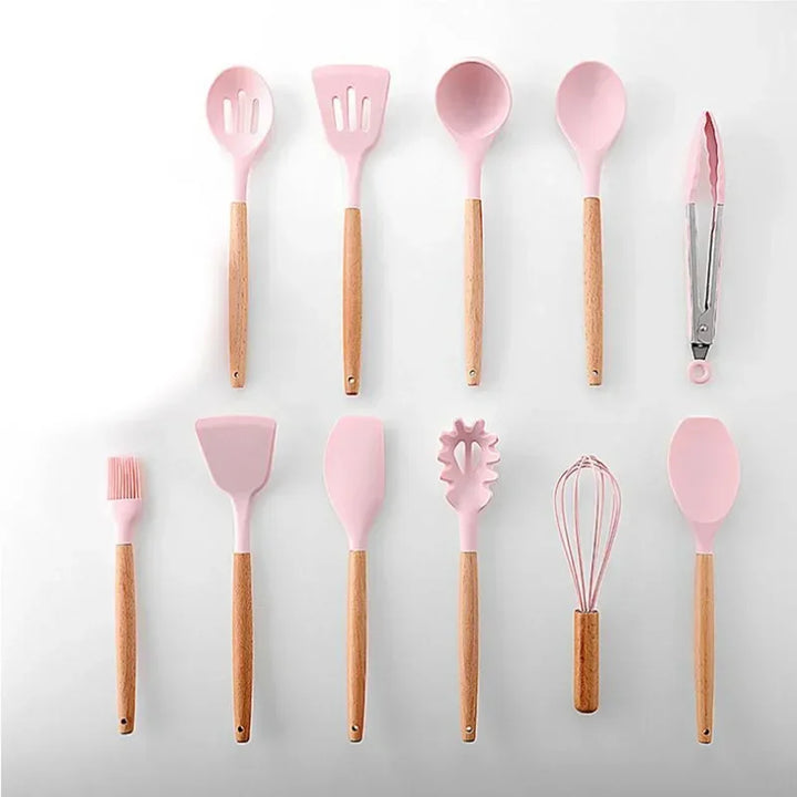 Pink Cooking Kitchenware Tool Silicone Utensils With Wooden Multifunction Handle Non-Stick Spatula Ladle Egg Beaters Shovel