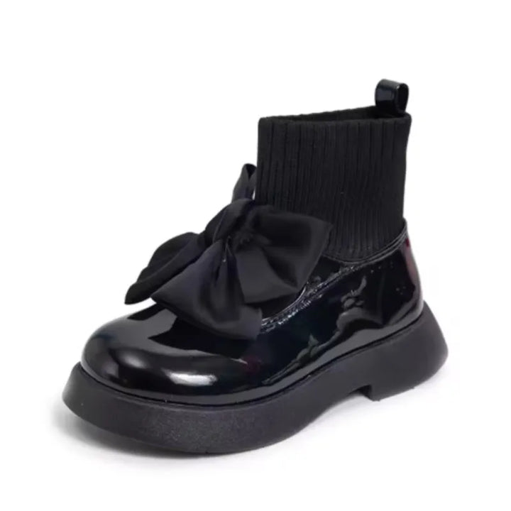 Children's Boots Fashion PU Solid Black Bow Girls Uniform 2025 Spring and Autumn New Kids Fashion Flying Knit School Socks Shoes