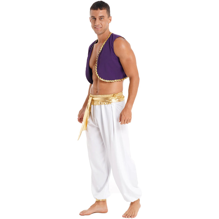 Mens Halloween Costume Mythical Arabian Prince Carnival Cosplay Party Outfit Sequin Trim Waistcoat with Belted Pants
