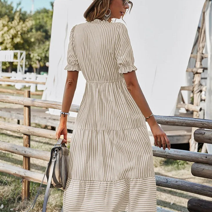 Women Elegant Striped Lantern Sleeve  Causal V-neck Button Ruffles Midi Dress.