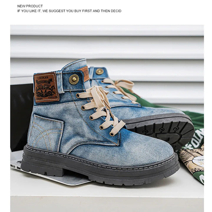 Retro Men's Platform Denim Boots High Quality Men Tooling Boots Fashion Trend Denim Versatile Casual Shoes High Top Working Shoe