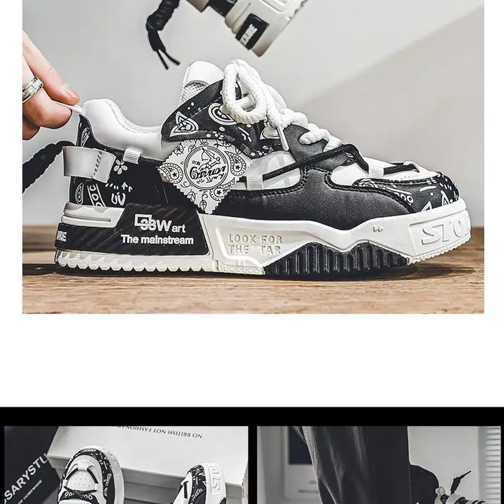 Mens Shoes 2025 Platform Sneakers New Trend Design Graffiti Skateboard Shoes Lace UP Soft Sole Non Slip Outdoor Sports Shoes