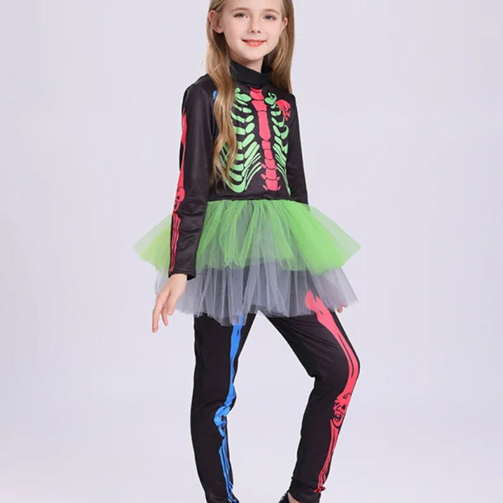Girls Colorful Skeleton Costume – One-Piece Dress
Spooky & bright!
Fun skeleton print with a pop of color, perfect for Halloween trick-or-treating and parties.
💀 Includes: One-piece tight skirt dress up.
🎃 Perfect for Halloween parties