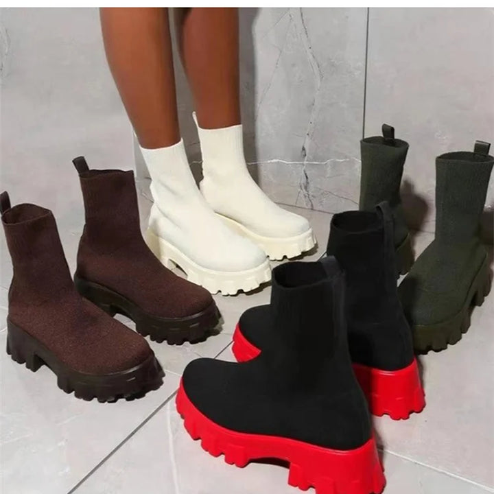 Women Boots Short Knitting Platform Boots Autumn Winter Shoes For Women Ankle Boots Heels White Winter Botas Mujer