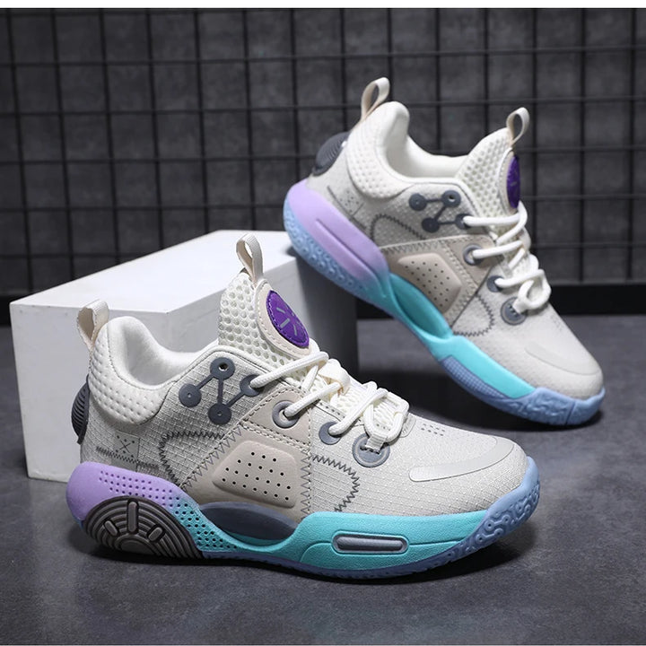 Kids Fashion Sneakers for Boys Leather Breathable Sports Basketball Shoes Lightweight Children School Walking Footwear