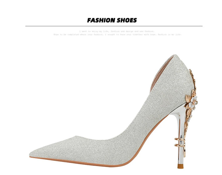 Light Luxury Sexy Women Dress Shoes 2025 Autumn Metal Flower Fashion High Heel Wedding White Pointed Sequins Shiny Female Pumps