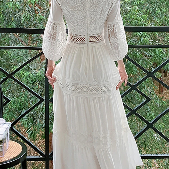 White Long Dress Boho Hollow Out Dress Ladies Elegant Vintage Loose Vestidos