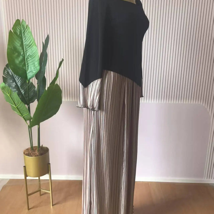 Women Patchwork Flare Long Sleeve U-collar Pleated Big Swing Maxi Long Dress perfect for special occasions.