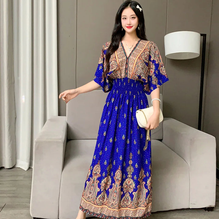 V-neck Large Skirt Hem Casual Sweet Long Dress Bat Sleeves Elastic Waist Bohemian Print Floral Elegant .