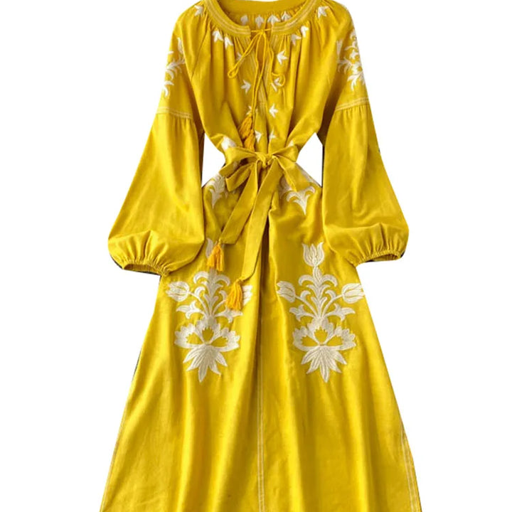 New Spring Autumn Embroidered Dress V-neck Tie Split Retro Indie Folk Style Holiday Beach Long Dress.