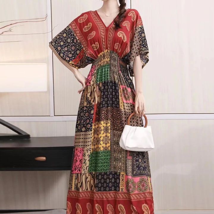 V-neck Large Skirt Hem Casual Sweet Long Dress Bat Sleeves Elastic Waist Bohemian Print Floral Elegant .