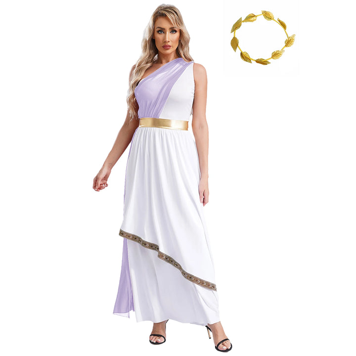 Women Halloween Ancient Greek Dress Ancient Greek Toga Costumes Robe One Shoulder Chiffon Overlay Tunic Dress with Headwear