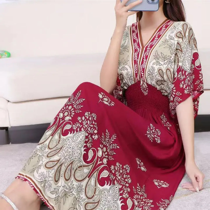 V-neck Large Skirt Hem Casual Sweet Long Dress Bat Sleeves Elastic Waist Bohemian Print Floral Elegant .