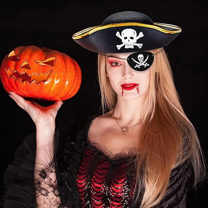 Adults Black Pirate Hats with Skull Pattern Halloween Cosplay Props Parties Caribbean Pirate Costume Hats LED Glowing Party Hat