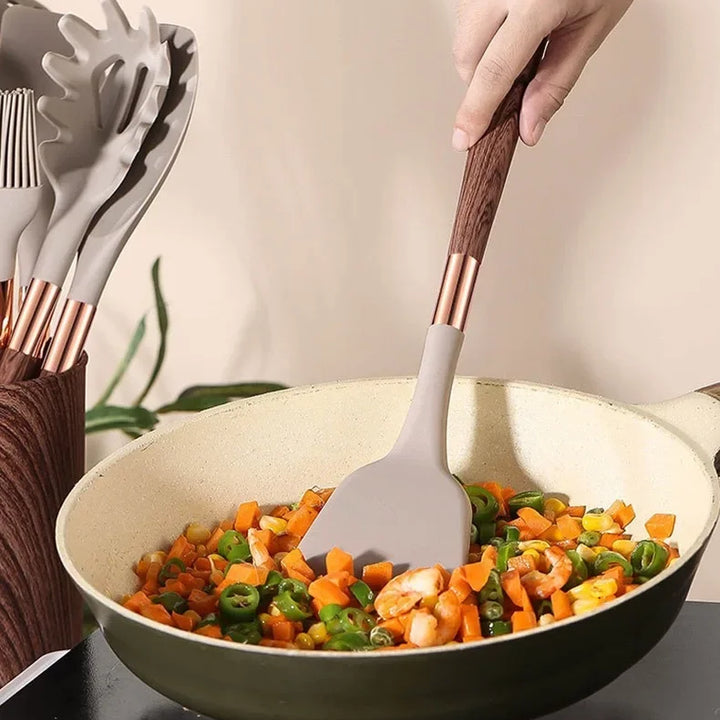Kitchen Utensils Silicone Cooking Utensils Kitchenware, Gold-plated Wood Grain Handle, Spatula, SpoonsCooking Pots Set