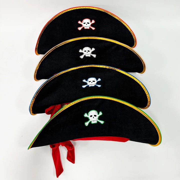 Adults Black Pirate Hats with Skull Pattern Halloween Cosplay Props Parties Caribbean Pirate Costume Hats LED Glowing Party Hat