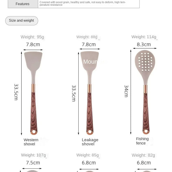 Kitchen Utensils Silicone Cooking Utensils Kitchenware, Gold-plated Wood Grain Handle, Spatula, SpoonsCooking Pots Set