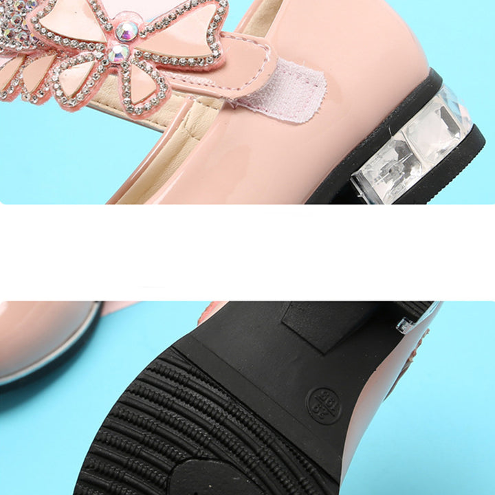 Girls Leather Shoes 2022 Spring Summer PU Patent Leather Kids Dress Shoes High Heels Butterfly-knot Dress Shoes for Wedding Chic
