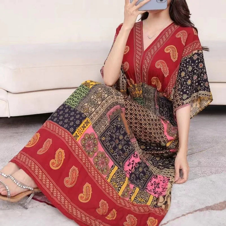 V-neck Large Skirt Hem Casual Sweet Long Dress Bat Sleeves Elastic Waist Bohemian Print Floral Elegant .