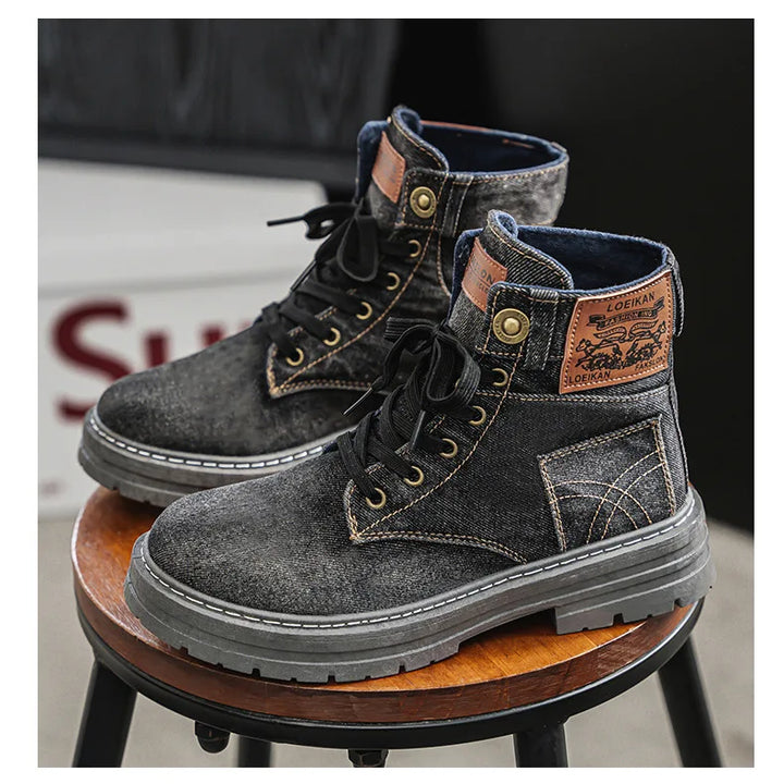 Retro Men's Platform Denim Boots High Quality Men Tooling Boots Fashion Trend Denim Versatile Casual Shoes High Top Working Shoe