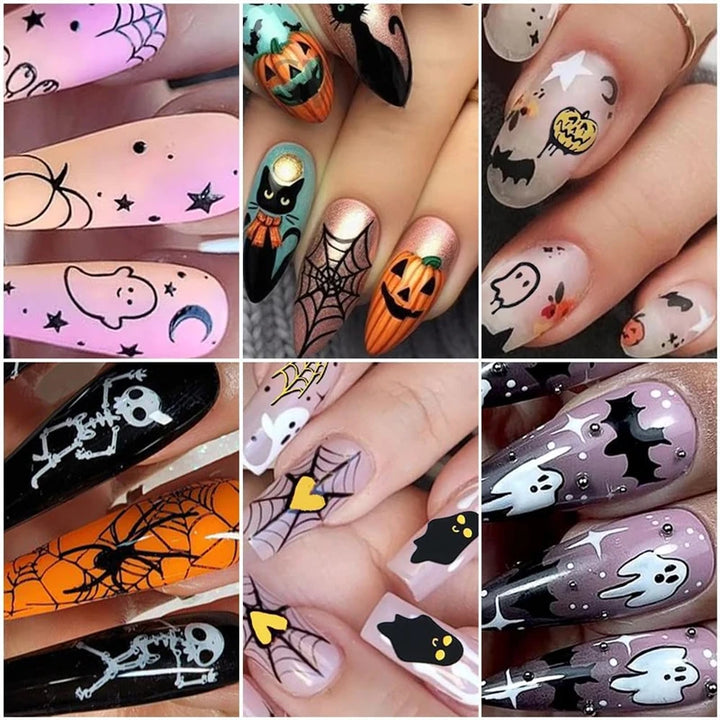 Halloween Nail Art Stickers Cute Halloween Nail Decals Self-Adhesive Ghost Pumpkin Bat Cat Skull Holiday Designs Nail Supplies