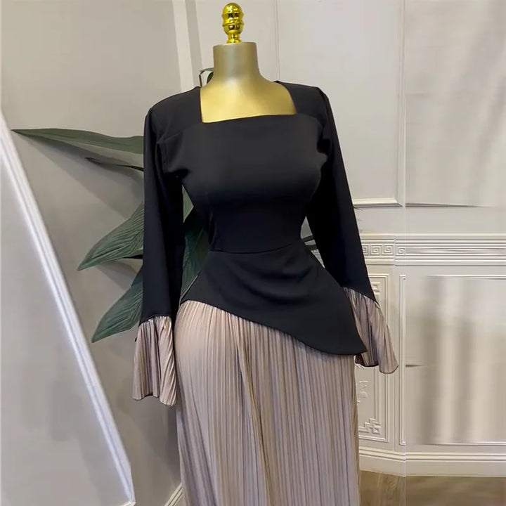 Women Patchwork Flare Long Sleeve U-collar Pleated Big Swing Maxi Long Dress perfect for special occasions.