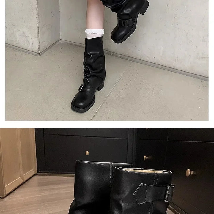 Pleated Buckle Knight Boots for Women Autumn Brown PU Leather Mid Calf Boots Woman Slip-On Thick Heel Riding Botas Mujer 2024