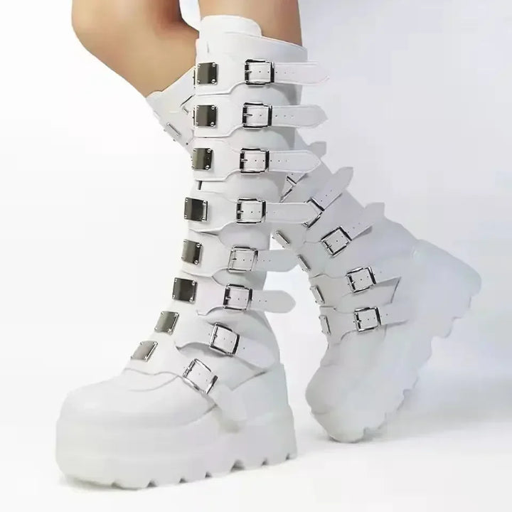 Gothic Shoes Platform Knee High Punk Black Sexy Motorcycles 2023 New Halloween Cosplay 2024 Shoes for Women Zapatos De Mujer