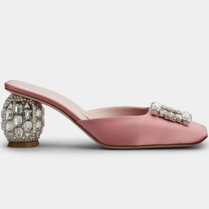 New Rhinestone Pumps Women Square Toe Slip-on Mules Female Crystal High Heels Women Dress Shoes Women sandalias de las mujeres